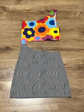 Rheab Funky Colorful Floral One-Shoulder with Black & White Stripes Mini Dress